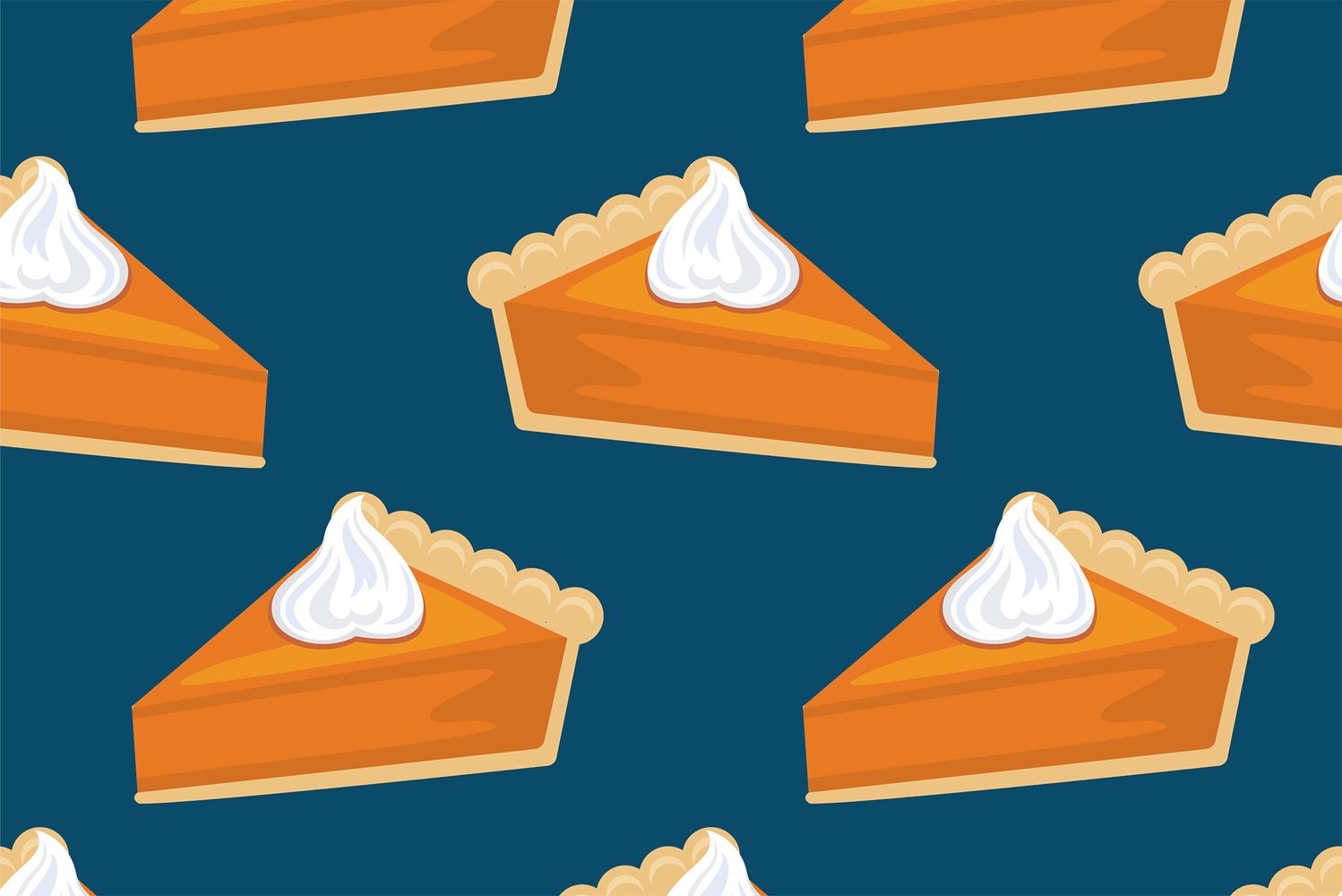 Illustration of slices of pumpkin pie with whipped cream on a dark blue background.
