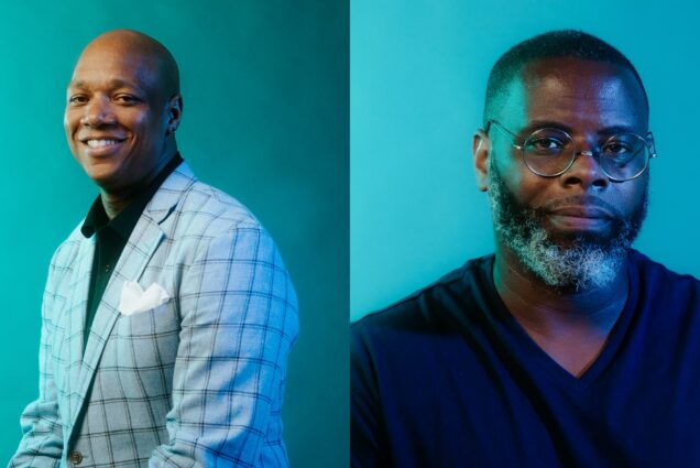 Composite image of two portraits of artists and researchers Joel Christian Gill (’04) (left) and Charles Suggs (’20). Gill wears a light striped suit jacket and smiles in front of a bright blue background. Suggs wears a black V-neck shirt and glasses and smiles slightly on a light blue background.
