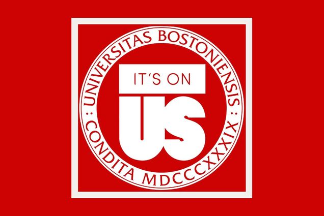 Logo illustration for ‘It’s on Us,’ a group that helps foster a culture of sexual consent. The logo background is red, and inner circle reads “Universitas Bostoniensis, Condita MDCCCXXXIX” and the center reads “IT’S ON US” in big white letters.