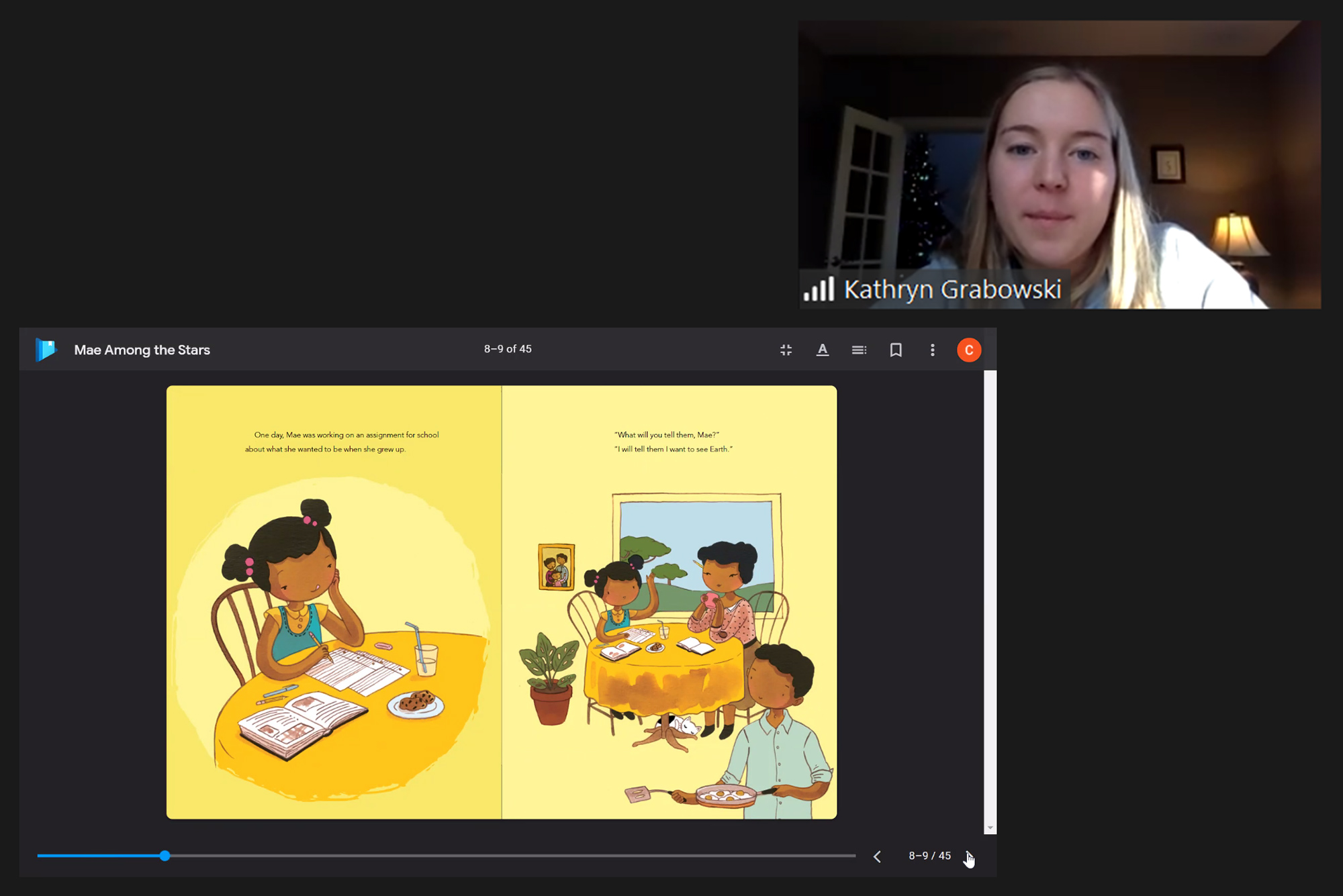 Screenshots of student athlete Kathryn Grabowski reading a children's book, Mae Among the Stars, to the Boston Public School students via zoom. The story book is displayed on the screen; on the left page, a young girl sits in front of a notebook, on the next page, she sits at the table with parents and discusses what she wants to be when she grows up.