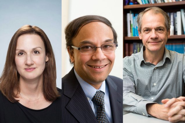 A composite of headshots (from left to right) of Catherine Klapperich, Uday Pal, and Stefan Hofmann
