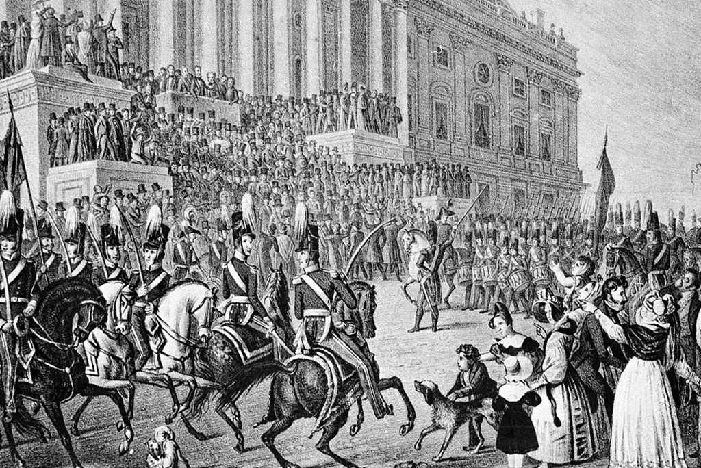 An illustration of William Henry Harrison's inauguration