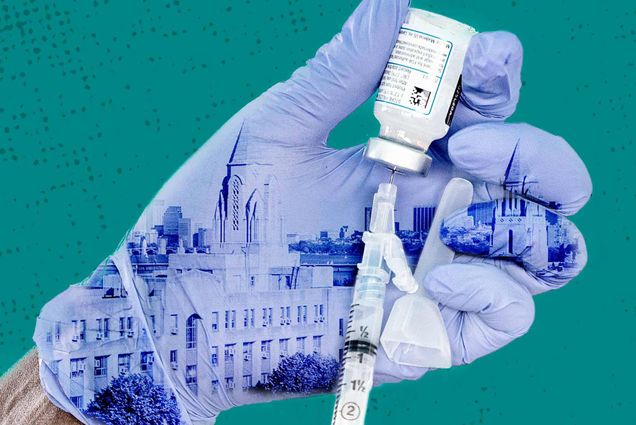 Hands wearing latex gloves load a syringe with Moderna COVID-19 vaccine. One of the gloves has a photo of Boston University Charles River Campus superimposed on it.