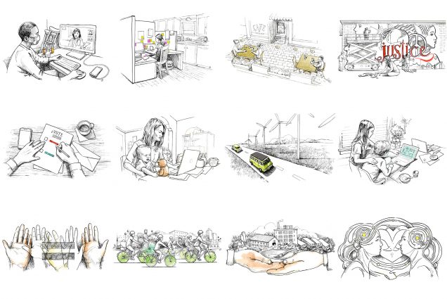 A composite of all 11 illustrations that appear below. From left to right -- Top Row: an illustration showing a man wearing a mask on his computer video chatting with a doctor. Crutches are seen leaning against a wall. Two orange prescription bottles are sitting on the desk next to the man. They are are the only color in the otherwise black and white illustration; an illustration of a woman sitting a cubicle with yellow and pink colored post it notes. The notes are the only color in the otherwise black and white illustration. Behind the woman's cubicle appears her kitchen; an illustration of an outdoor cafe dining area with several tables of people eating and conversing. The yellow table tops are the only color in the otherwise black and white illustration; an illustration of four people working on a mural. One of them is on a lift working higher up on the wall. The word "Justice" appears in red on the mural and is the only color in the otherwise black and white illustration. Second Row: An illustration of someone filling out a ballot with the word "Vote" printed at the top. Their phone and a cup of coffee next to the ballot indicate they are filling the ballot out at home. A red and blue stripe on the ballot are the only color in the otherwise black and white illustration;an illustration of a woman holding a child in her lap while working at a laptop. The child is holding a brown teddy bear, which is the only color in the otherwise black and white illustration; an illustration of two vehicles driving past a field that has wind turbines in it. The greenish yellow color of the vehicles is the only color in the otherwise black and white illustration; a photo of two children completing schoolwork at a laptop computer. The blue color of the computer screen is the only color in the otherwise black and white illustration. Third Row: An illustration of hands with different skin tones with fingers open and palms facing forward. An equal sign appears in front of the hands. The different skin tones are the only color in the otherwise black and white illustration; a photo of a group of cyclists. The green wheels on their bikes are the only color in the otherwise black and white illustration; an illustration of two hands holding a bowl with a fork in it. Behind the hands appear a house, factory, and trucks -- illustrating the food supply chain. The skin tone of the hands is the only color in the otherwise black and white illustration; an illustration of two people facing one another with transparent heads. Lines are drawn connecting the inside of their heads illustrating empathy. Yellow circles in the center of each head are the only color in the otherwise black and white illustration.