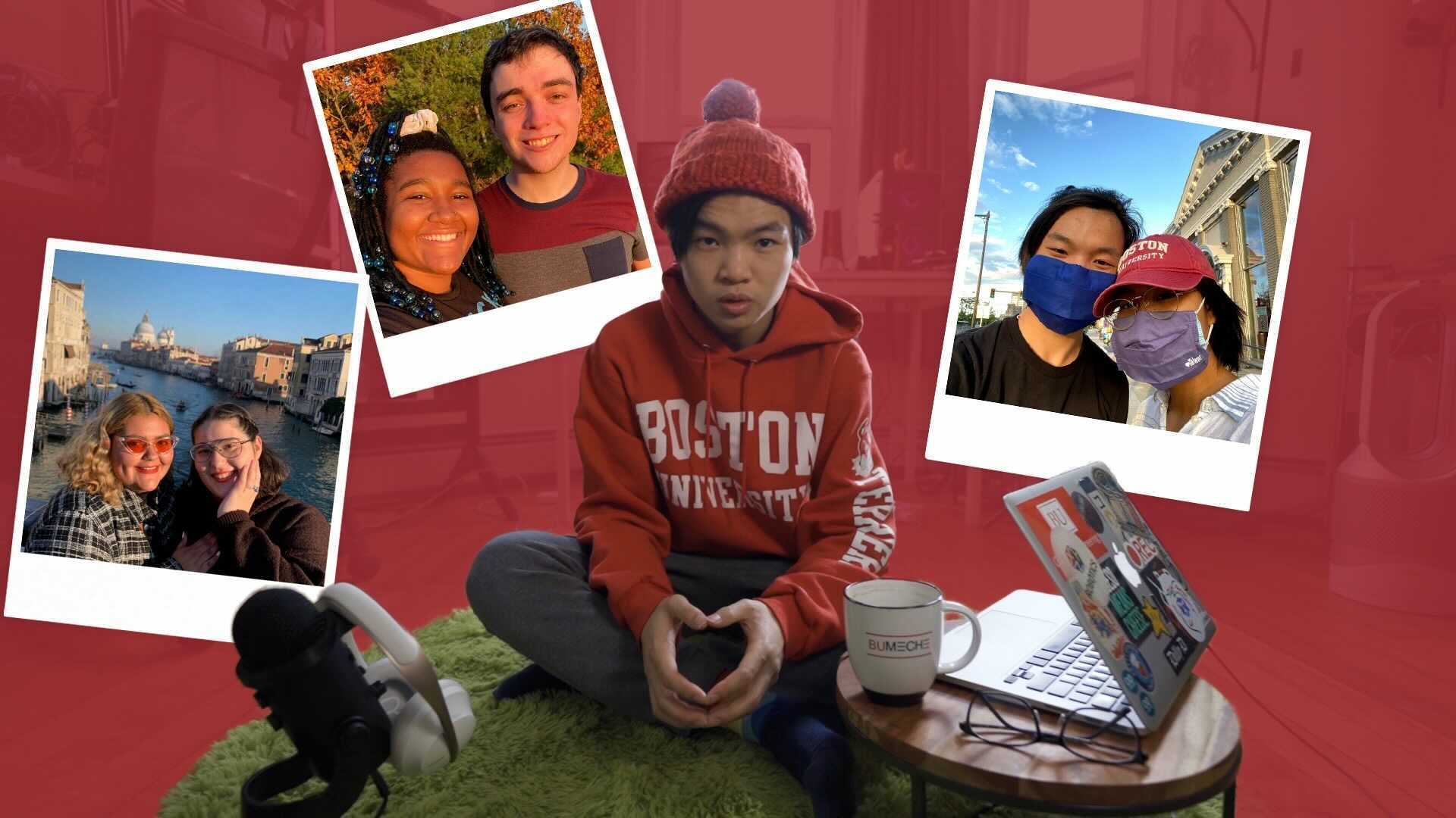 Photo of Aaron Hwang sitting on his dorm room floor on a green fuzzy rug with a red hat with a purple pompom on it. To his left, a mug, laptop and glasses rest on a small table, while a large microphone is seen on his right. The background has been overlaid with a dark red color, and around him are photos of three different couples.