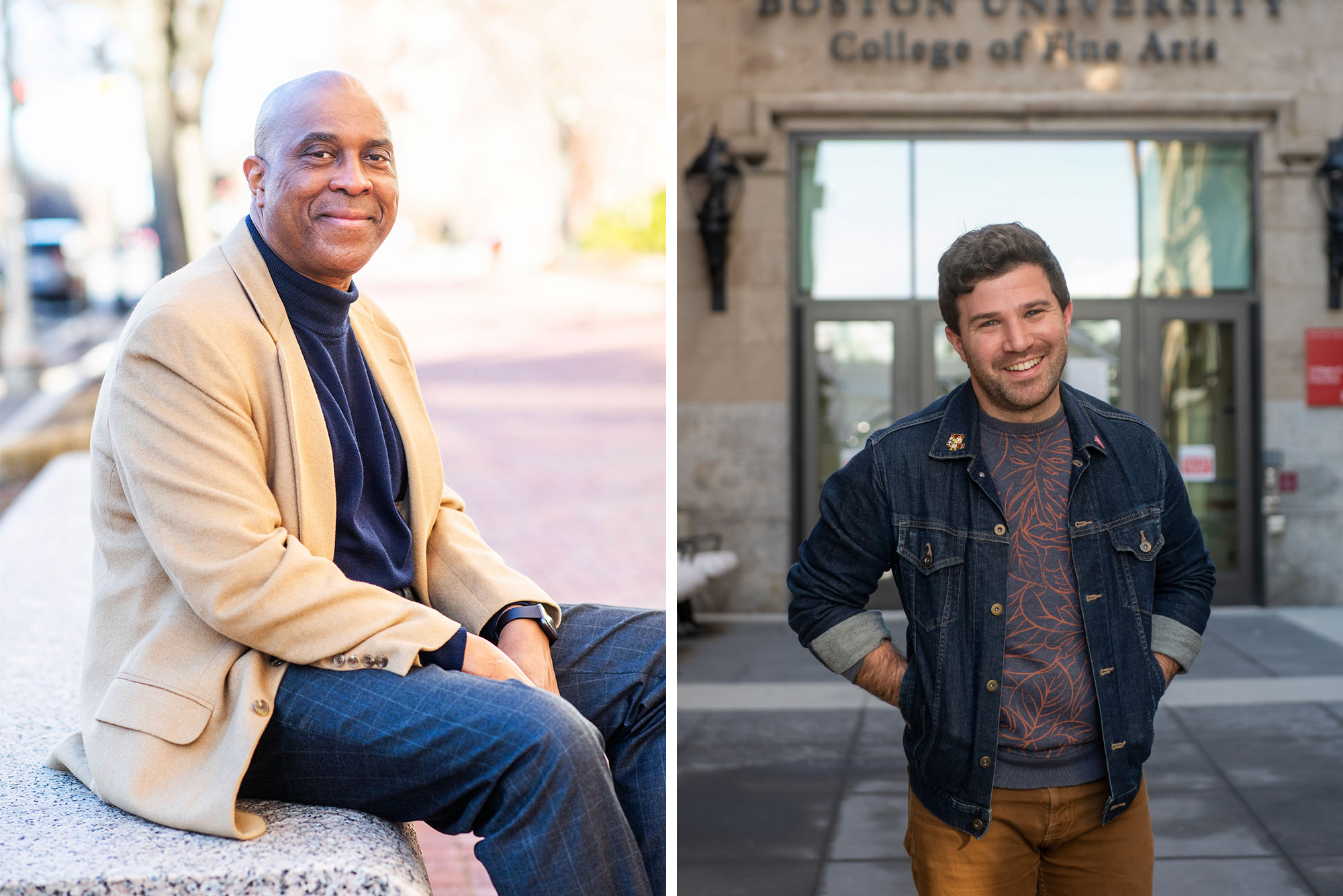 Composite image with two headshots, on the left, Questrom’s Jeffrey Allen wears a tan jacket and sits casually on a bench while smiling, on the right, CFA’s Brian Dudley wears a jean jacket and tropically patterned gray shirt with his hands in his pockets and smiles in front of the college of fine arts.