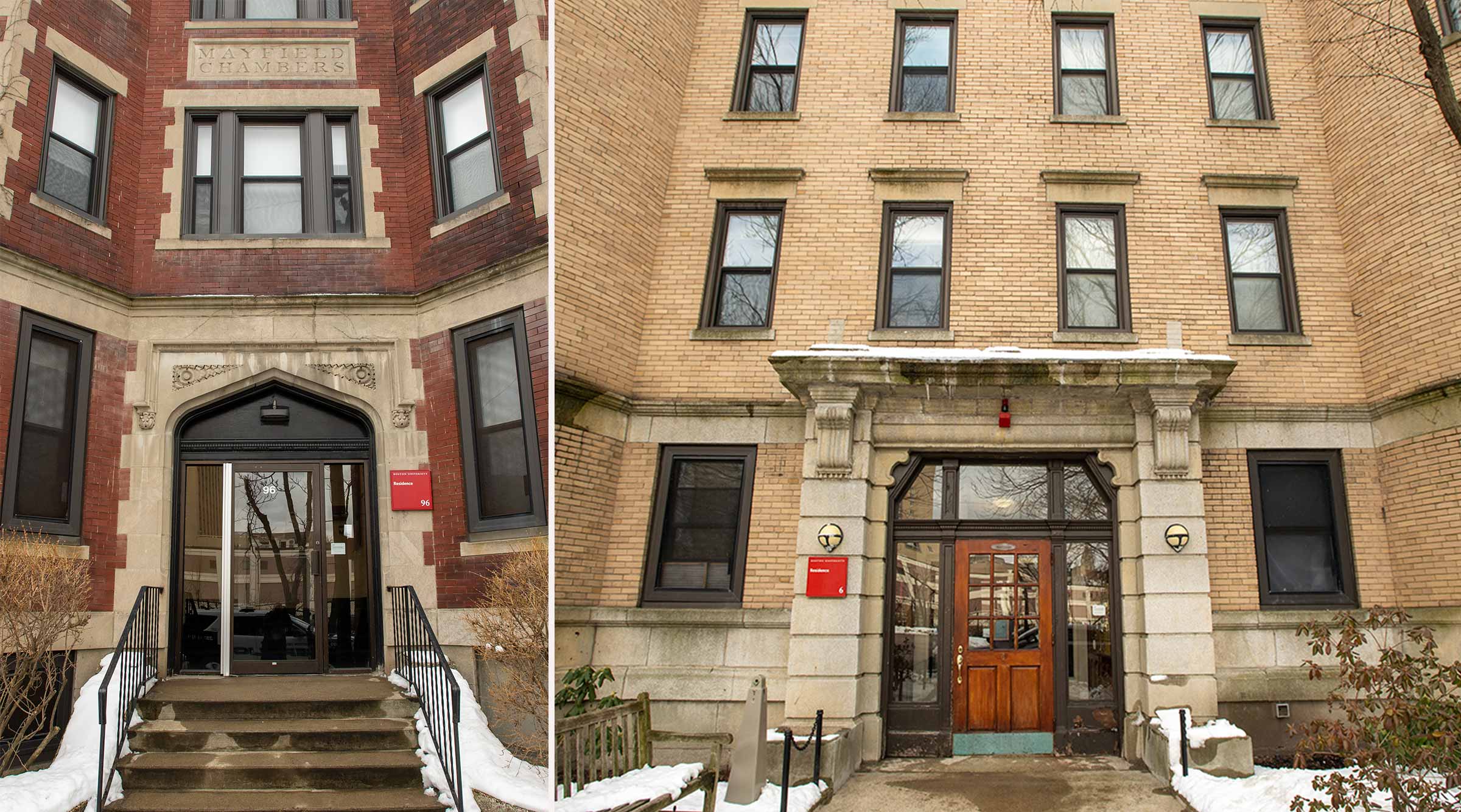 Composite image of two exterior shots of the buildings at 96 Montford and 6 Buswell Streets. 96 Montford, at right, looks like an early 20th century building made of brick with cement trim and steps leading up to the door. 6 Buswell has a tan brick exterior and a wooden front door. There’s snow on the ground to the left and right of the sidewalks.