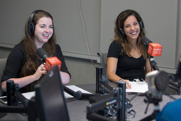 COM alum Mikaela Lefrak (’15, right) with co-host Lori McCue discussing the arts on WAMU’s “Get Out There.