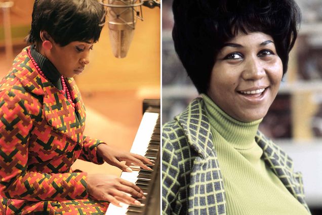 Composite image featuring photos of Cynthia Erivo in the role of Aretha Franklin in the NatGeo TV series 'Genius: Aretha' next to a photo of the real Aretha Franklin in the 1968