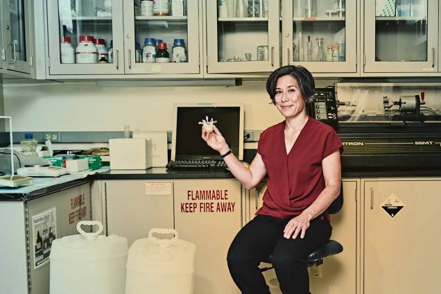 Photo of Elise Morgan, a College of Engineering professor of mechanical engineering, in a red blouse sitting on a chair in a lab with a plastic model in her hands.