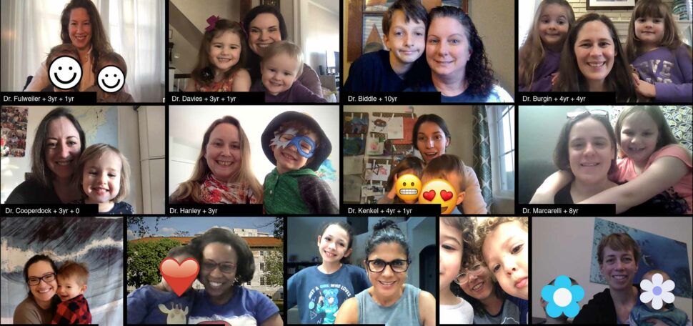 Screenshot of Mothers in Academia Zoom meeting. Mothers are all with their children.