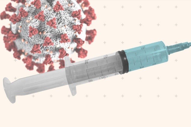 A graphic showing the COVID-19 virus and a hypodermic needle.