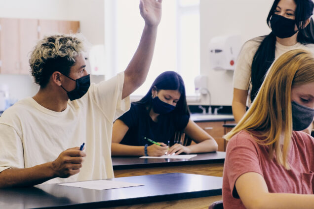 A photo of a student raising his hand in class white a professor looks on