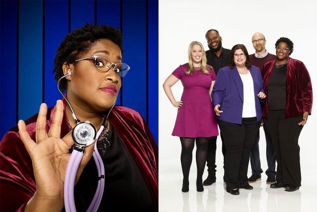 Composite image. At left, a photo of LaKedra Pam holding a purple stethoscope towards the camera and looking curious. She wears a red velvety sweater and stands in front of a bright blue background. At right, a photo of the full Master Minds cast including LaKedra.