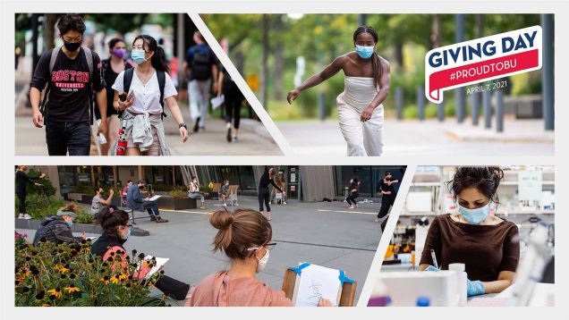 Composite image of four photos of students on campus. From top left, two students with face masks walk down Comm Ave, a student in a white romper skateboards, a group of students draw dancers outside of CFA, a researcher with gloves and a mask looks at a vial. Overlaid sticker reads “Giving Day #ProudtoBU April 7, 2021”
