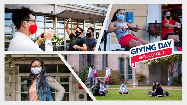 Photo collage showing 4 photos: 3 students taking photo outside of a Boston University residence hall, Two women working out on rowing machines; Portrait of an Asian student in front of a BU residence hall; Students hanging out on BU Beach. The Giving Day logo is overlayed on the collage and says, 'Giving Day #ProudToBU April 7, 2021.'