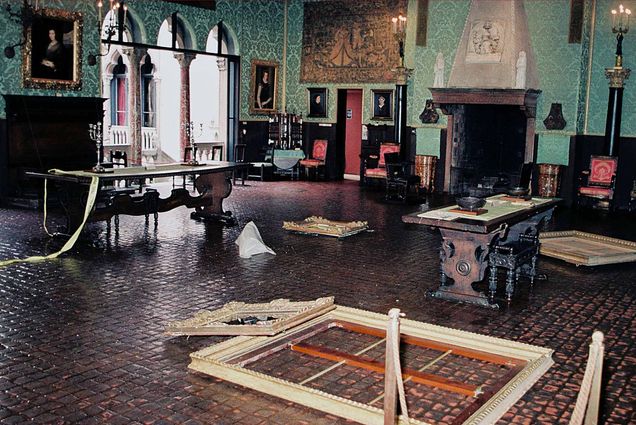 A photo of the crime scene at the Isabella Stewart Gardner Museum