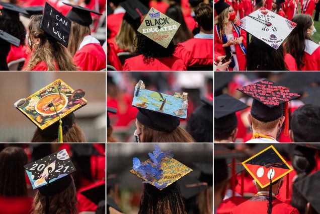 A composite of photos of decorated mortarboards