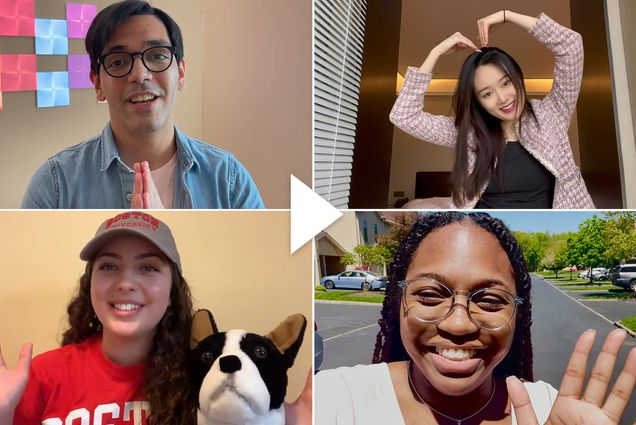 A composite of four photos of BU students sending virtual messages to their parents upon graduation. A white video play button is overlayed.