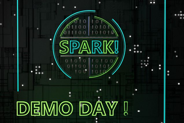 Logo for Spark! Demo Day, written in neon color on a black, white speckled background.