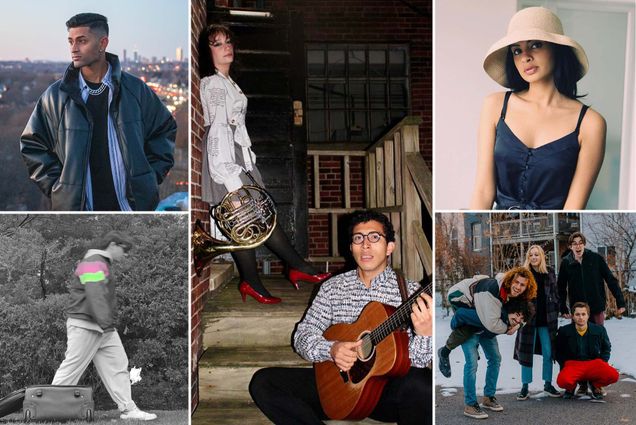 Composite image of Musical artists (left to right clockwise ) Abhinav Penumudi (Sargent’21) aka AyBV; Alicia Donlon (CFA’24) and Sebastian Ortiz (Questrom’21) of the indie-folk duo SLAM; singer-songwriter Radha Rao (Questrom’21); Virginia-based alternative artist Dan Legare (aka Leggs); and Boston indie-rock band Faxi Moto.