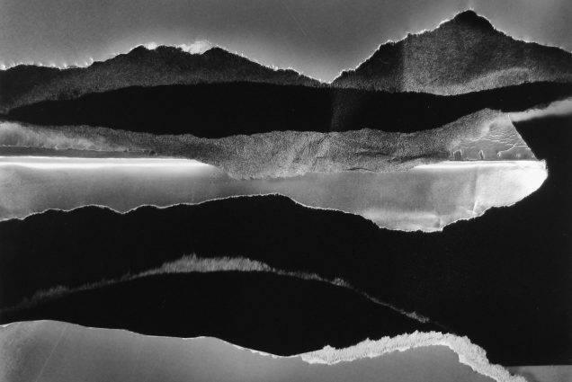 Artwork by Carl Chiarenza entitled Untitled 280, 1990, which is gelatin, silver print. The art resembles a mountain range reflected on the surface of a body of water. The work is black and white.
