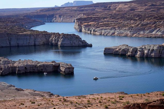 View of Lake Powell in July 2021. The water level is noticeably very low. Water levels in the lake hit a historic low this summer.