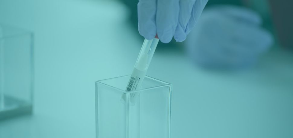 The gloved hand of a medical clinician places a nasal swab used for collecting a COVID-19 test specimen into a container.