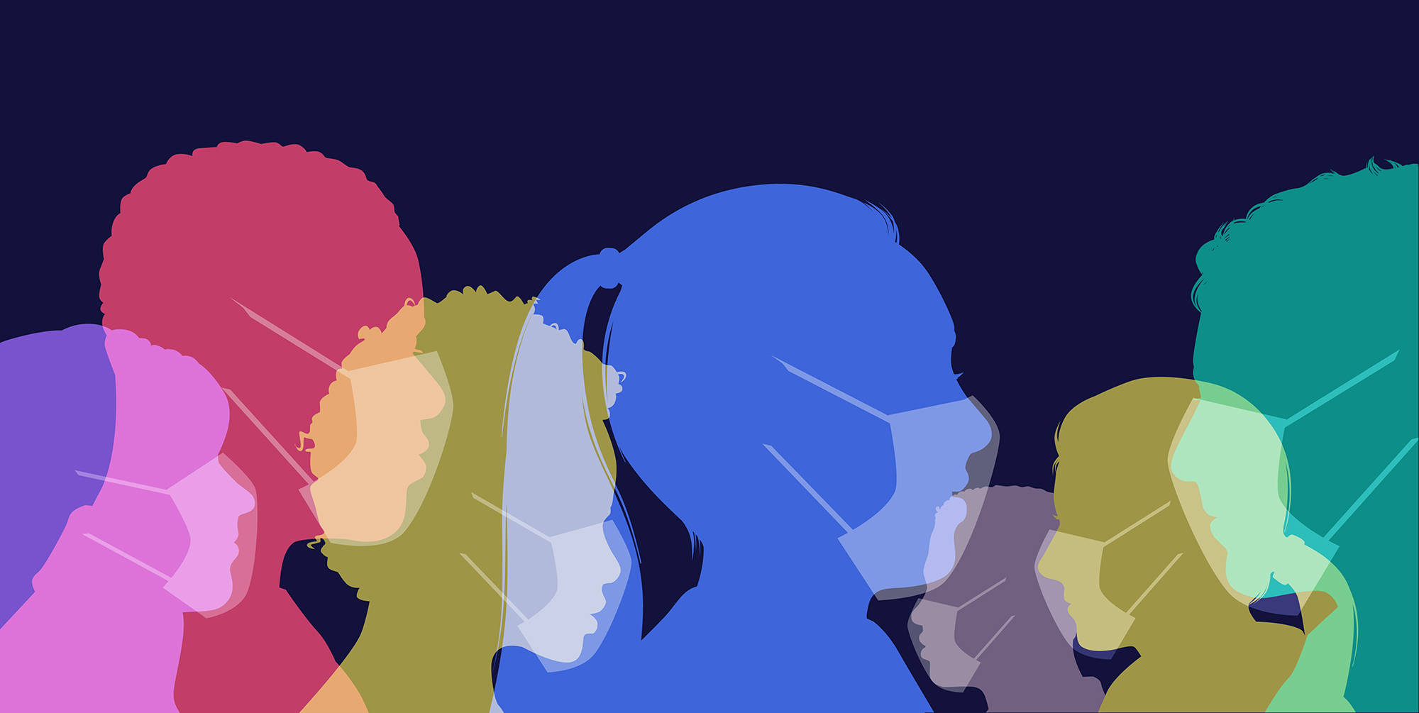 Illustration of a group of people facing different directions wearing masks. Each head and mask is translucent and of different colors on a dark blue background.