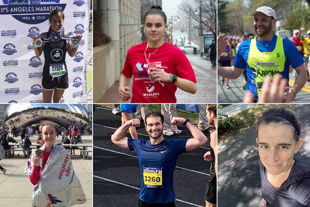 Composite image of 6 Boston University faculty, students, and alumni who are running the 125th Boston Marathon.