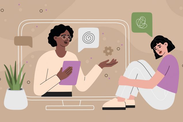 vector illustration of a dark-skinned female therapist giving advice to a fair-skinned woman through a computer screen. Speech bubbles filled with swirls are used to signify explanation from the therapist and confusion from her patient.