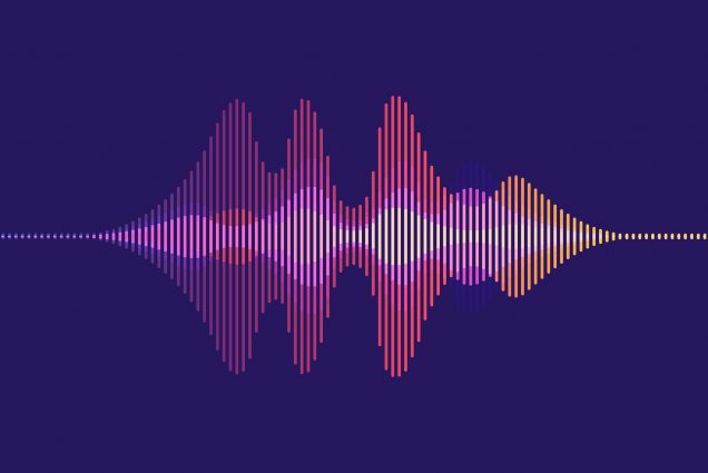 image of an abstract, yellow and red motion sound wave on a dark purple background.