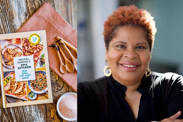 Composite image. At left, a LVNGBook cookbook rests on a table next to wooden spoons and a bowl of salt. At right, portrait of Shaun Chavis, a young black woman with crimson colored hair. She smiles and wears a black blouse.