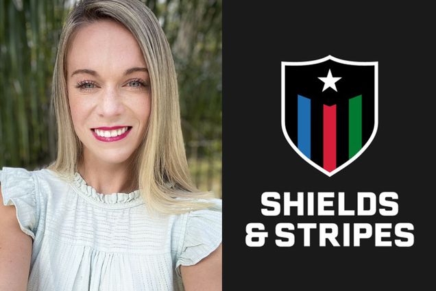 Photo of Jennifer Byrne (Sargent’21), cofounder of the Shields & Stripes. At left, a portrait of Byrne, in which she wears a white ruffly blouse, red lipstick, and has blonde hair. At right, the shields & stripes logo is seen. A shield outlined in white has blue red and green stripes and "Shields & Stripes" written below it.