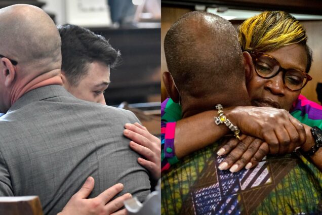 Composite image - On the left, Kyle Rittenhouse hugs an individual in a grey suit. On the right, Ahmaud Arbery's mother, Wanda Cooper-Jones hugs an individual in a vibrant shirt