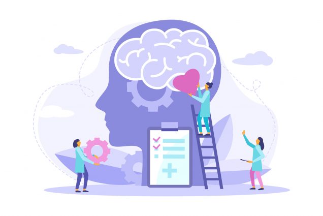 a vector image of small people helping to put together someone's brain, with a medical checklist nearby