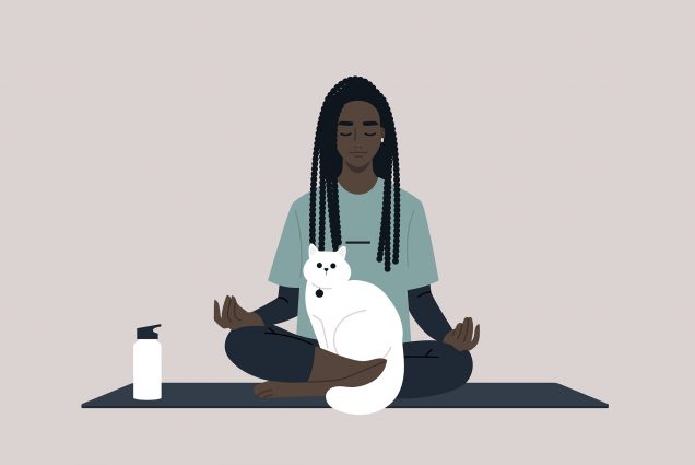 A vector illustration of a young Black female character meditating with a cat on their lap.
