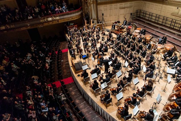 Photo taken from the balcony as the Boston University Symphony Orchestra performed with the Boston University Wind Ensemble and with the Symphonic Chorus at Boston Symphony Hall in 2019.