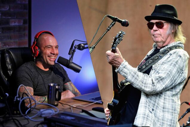 Composite image. At left, a photo of Joe Rogan, a bald man with tattoos on his arms, who smiles as he talks into a podcasting microphone and wears red headphones. At right, a photo of singer Neil Young, an older man with long white hair wearing a black hat, dark sunglasses, and a flannel shirt as he plays a guitar.