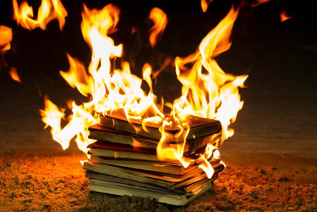 photo of a stack of books burning in an empty dirt field.