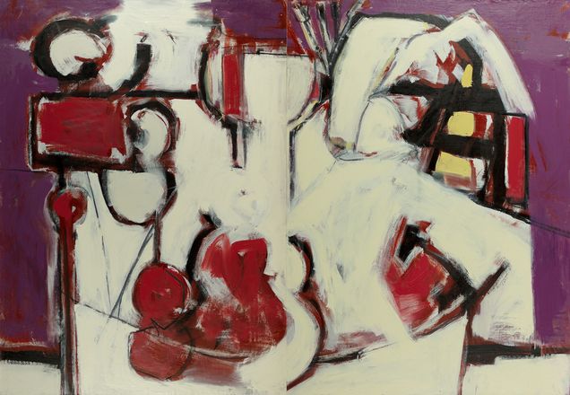 Mordecai’s painting, “The Sign 3, 2020, 52" x 76" oil, graphite, charcoal canvas glued to panel. It is red, violet, and white, white abstract shapes that resemble a wine glass and violin.