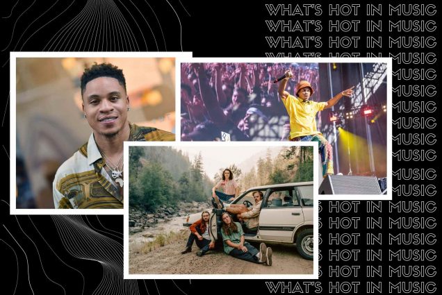 Image: collage of artists releasing music in march 2022. Black background with outline-font white lines features photos of Rotimi, Peach Pit, and Denzel Curry . Denzel Curry is seen performing in concert on polaroid-style borders while the group Peach Pit poses in front of an old sedan in it's individual polaroid-style borders and Rotimi is seen smiling and wearing a gold and tan shirt as he smiles at the camera within polaroid-style borders. Text on right behind image reads "What's Hot in Music"