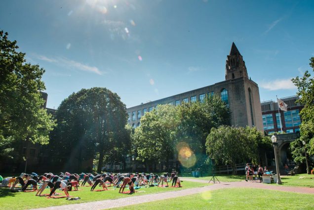 Photo of students doing yoga on the BU Beach during a sunny day. they stand on a lush, green lawn in the doggy down pose.