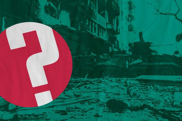 Photo of a grenade and destroyed BTR armoured vehicle likely belonging to Azov Battalion defenders lies next to a destroyed apartment complex in the port city of Mariupol, Ukraine. The photo has a teal overlay, and has been treated so that it appears to have been printed badly. Red question of the week logo is overlaid.