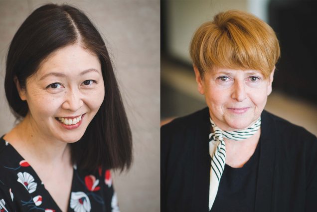 Composite image of Nancy Harayama, a middle aged Asian woman with shoulder length black hair wearing a floral blouse and smiling, senior lecturer in special education at Wheelock College of Education & Human Development (left) and Alyse Bithavas, an older white woman with short amber hair wearing a white and black neck scarf, director of student services and academic advising at the College of General Studies.