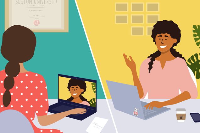 Illustration of two women zooming. On the left, a women with a long pony tail and pink dress zooms into a call with a student, she is an alumna and her BU diploma hangs on the wall behind her. On the right, the student appears to be talking, has a Rhett sticker on her laptop, and has a cup of coffee, phone on the desk beside her.