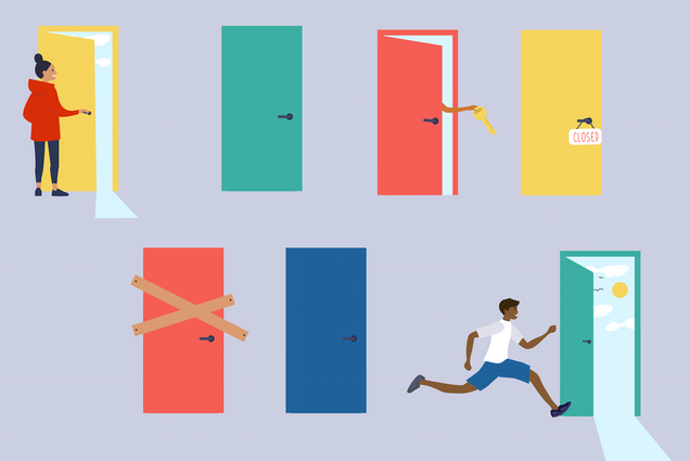 Illustration of students opening doors to find sunshine on the other side. Some doors are closed, one door has an arm sticking out with a key. The illustration has a purple background and the doors are bright pink, blue, yellow and teal.