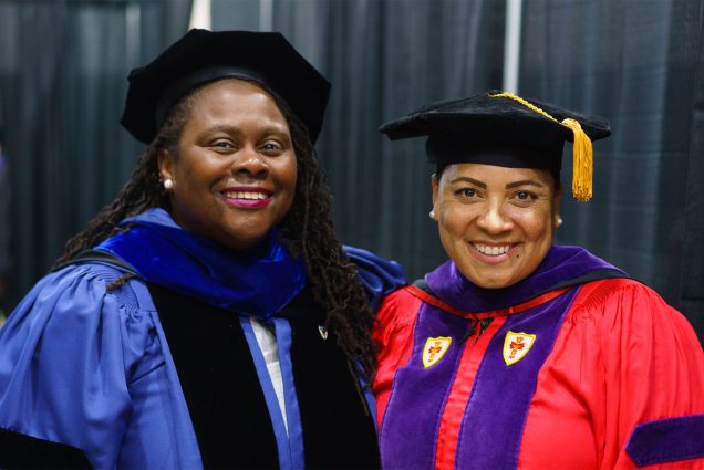School of Law Dean Angela Onwuachi-Willig with US Attorney for the District of Massachusetts Rachel Rollins, who was the convocation speaker at LAW’s ceremony Sunday.