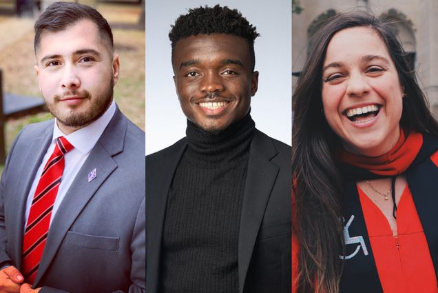 Collage: (from left) Photos of Edgar Miranda (LAW’22) (from left), Peter Kargbo (SHA’22), and Michelle Eastman (STH’22). Miranda, a young caucasian appearing man, poses for the camera wearing a grey suit. Kargbo, a young black man with a short afro haircut and wearing a black turtleneck and blazer smiles for the camera. Eastman is caught candidly laughing as she wears a red graduation gown.