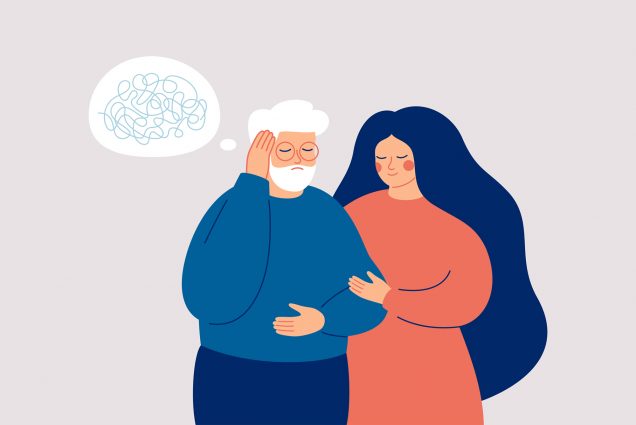 A vector image of an older man experiencing dementia, with a caretaker by his side. The illustration is simple vector art with solid colors.